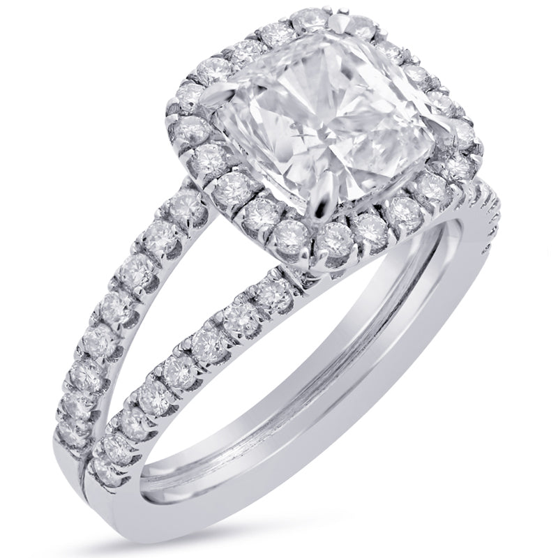 Beautiful cushion cut split shank halo engagement ring with