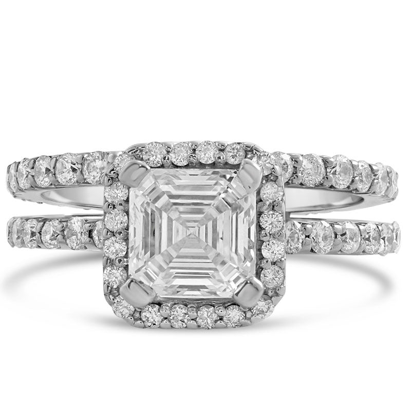 Buy exquisite asscher cut diamond halo wedding set at Nina Elle Jewels