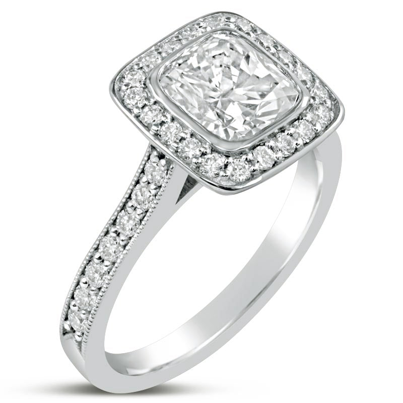 Buy the best cushion cut bezel set pave diamond engagement ring tiffany legacy style Nina Elle Jewels