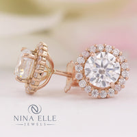 2CTW Round Cut Rose Gold Charles & Colvard Moissanite Earrings With Diamond Halo ER920