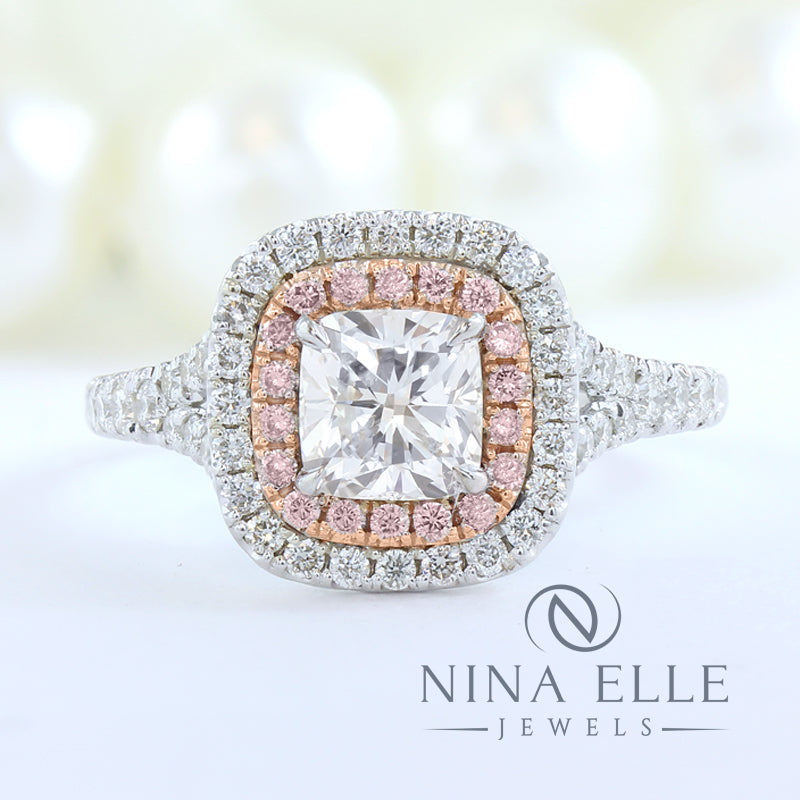 Two Tone Double Halo Cushion Cut Diamond Engagement Ring with Pink