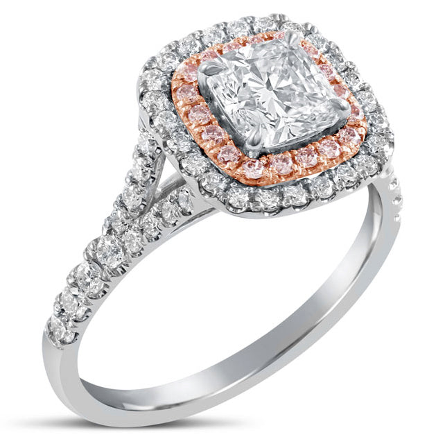 Two Tone Double Halo Cushion Cut Diamond Engagement Ring with Pink