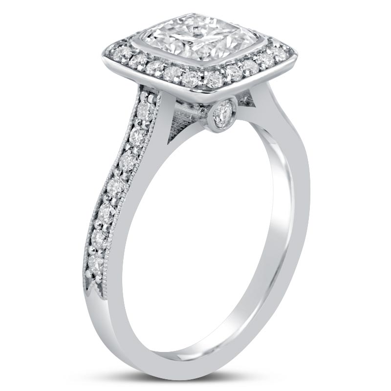 Buy the best cushion cut bezel set pave diamond engagement ring tiffany legacy style Nina Elle Jewels
