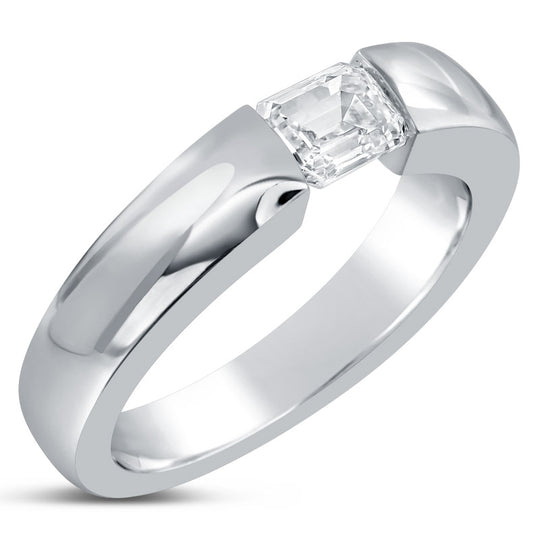 Unique horizontal emerald cut tenion set diamond engagement ring solitaire Nina Elle Jewels