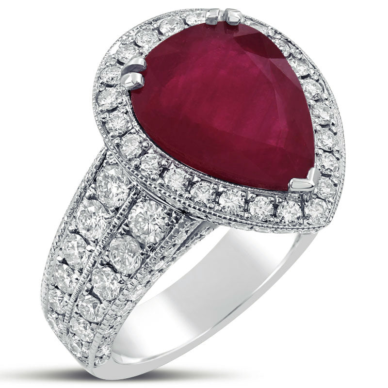 Pear shape red ruby antique diamond engagement ring and right hand ring ...