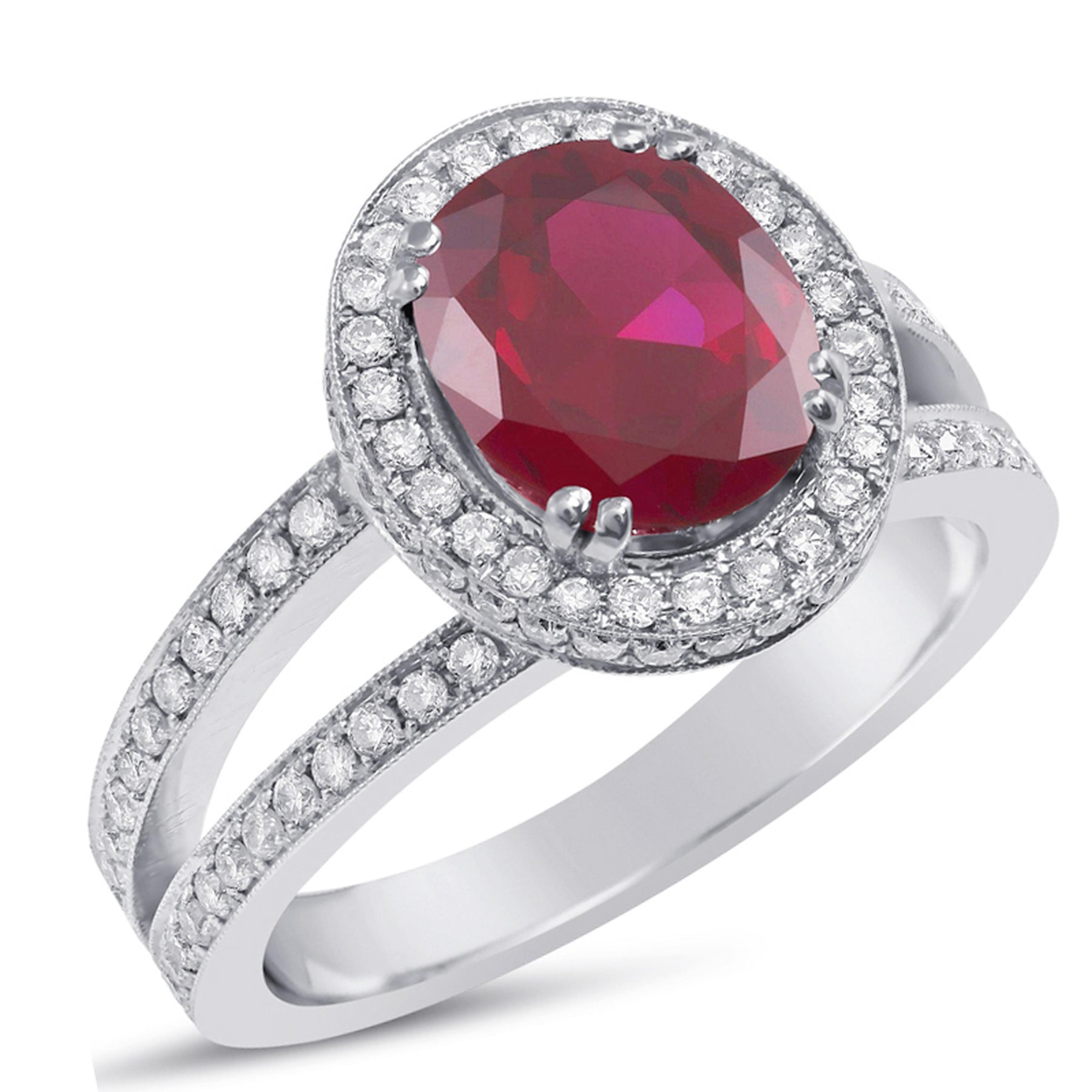 Buy oval shape ruby and diamonds split shank engagement ring with halo ...