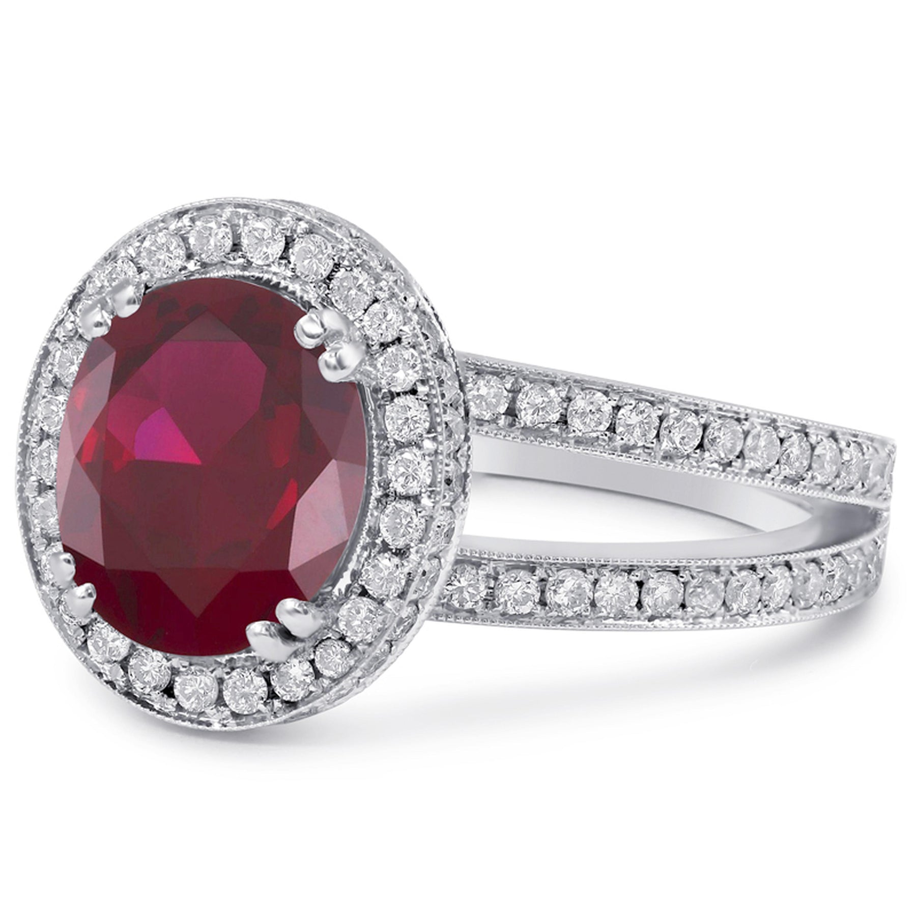 Buy oval shape ruby and diamonds split shank engagement ring with halo ...