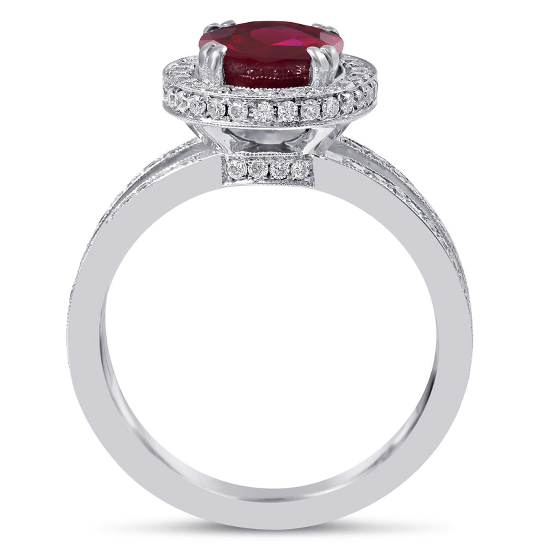 Buy oval shape ruby and diamonds split shank engagement ring with halo ...