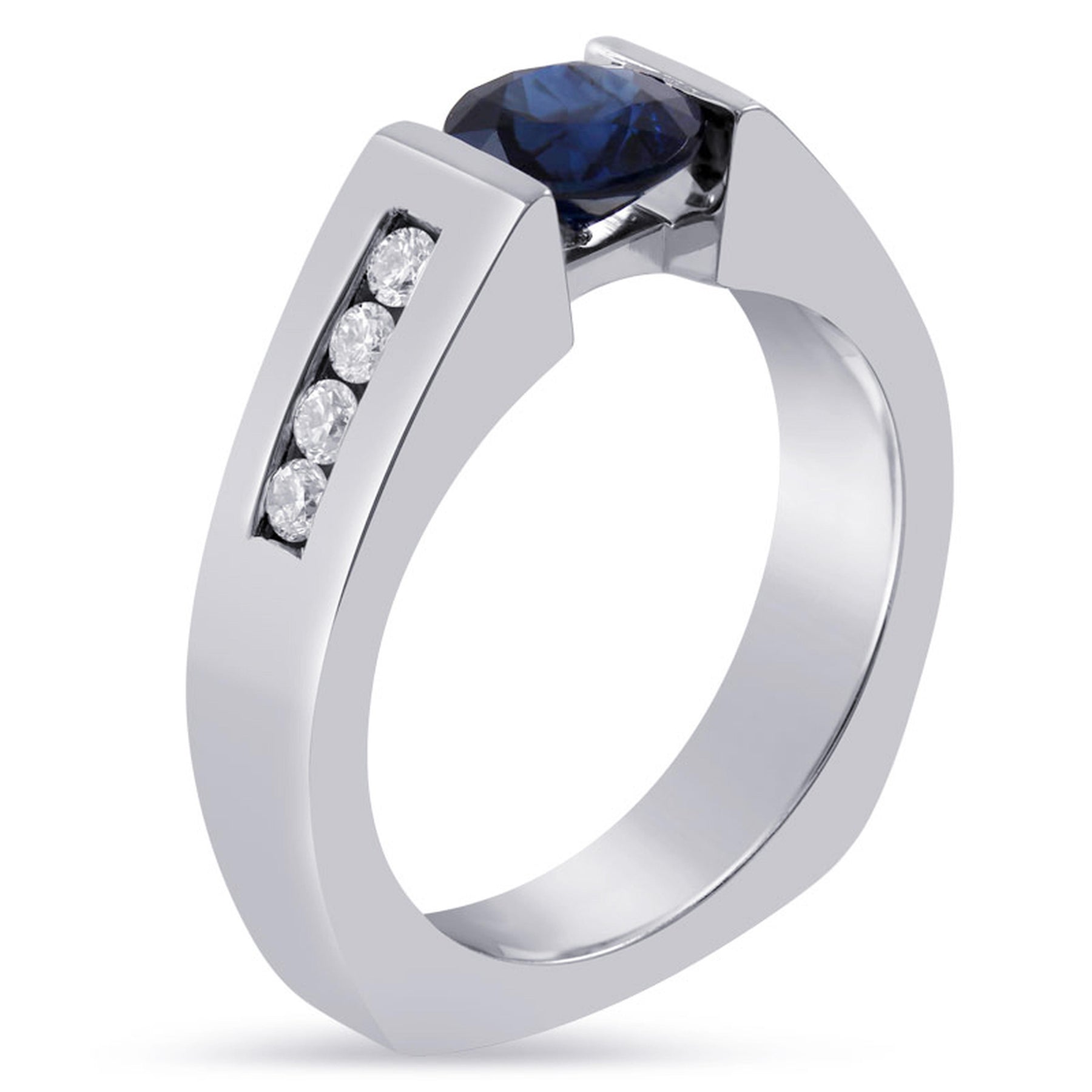 Buy tension set sapphire ring with channel set round diamonds and matching wedding band Nina Elle Jewels