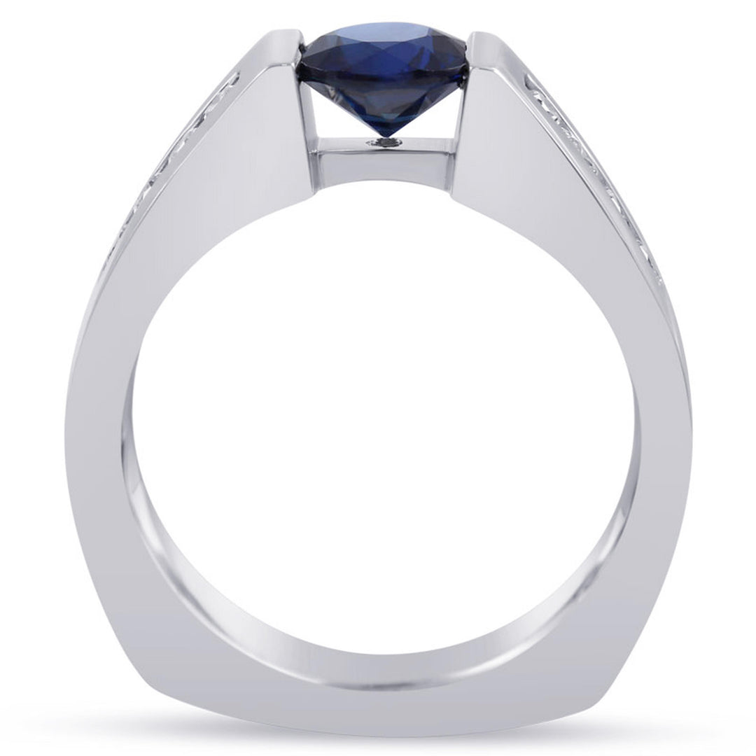 Buy tension set sapphire ring with channel set round diamonds and matching wedding band Nina Elle Jewels