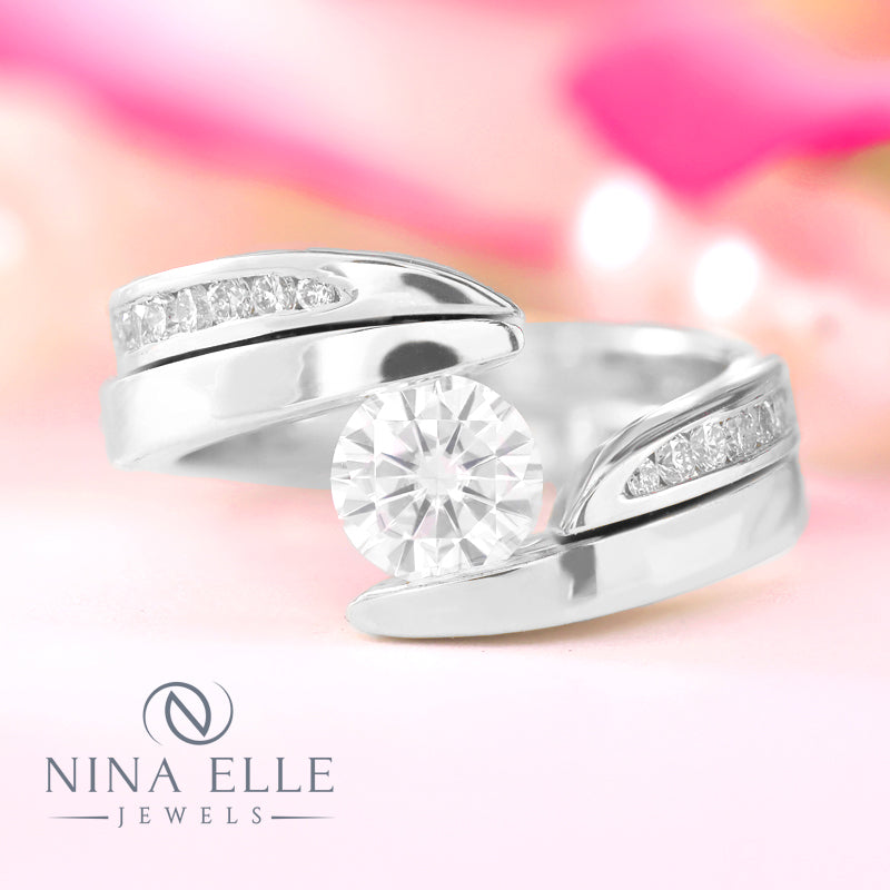 Tension set engagement ring with wedding band top