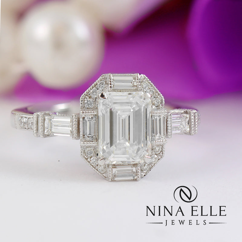 Halo diamond ring with baguettes cheap